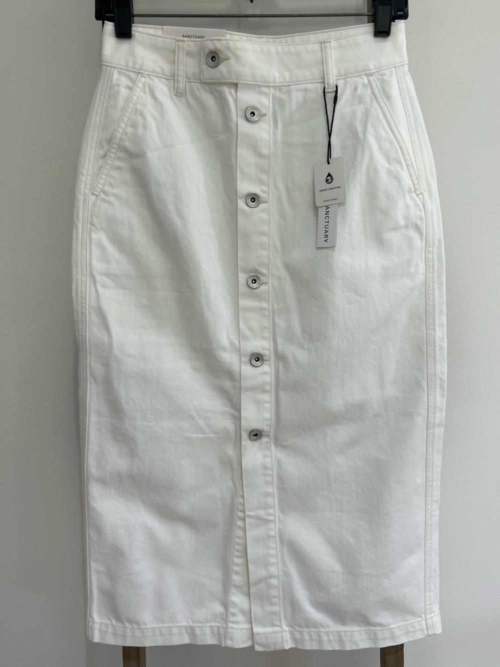 SANCTUARY Carrier Denim MIDI Pencil Skirt White Button Front Pockets Size 24 NWT